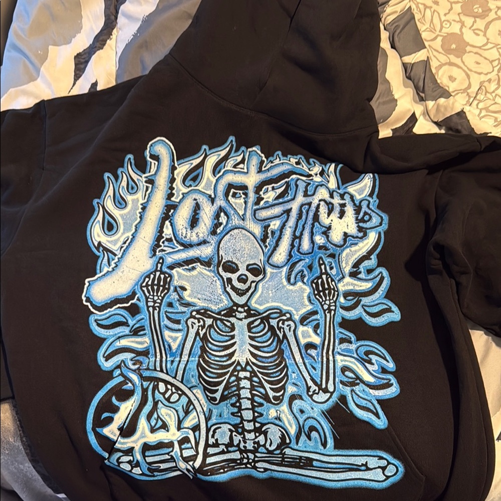 Black V-Neck Sweater with Blue Graphic Design